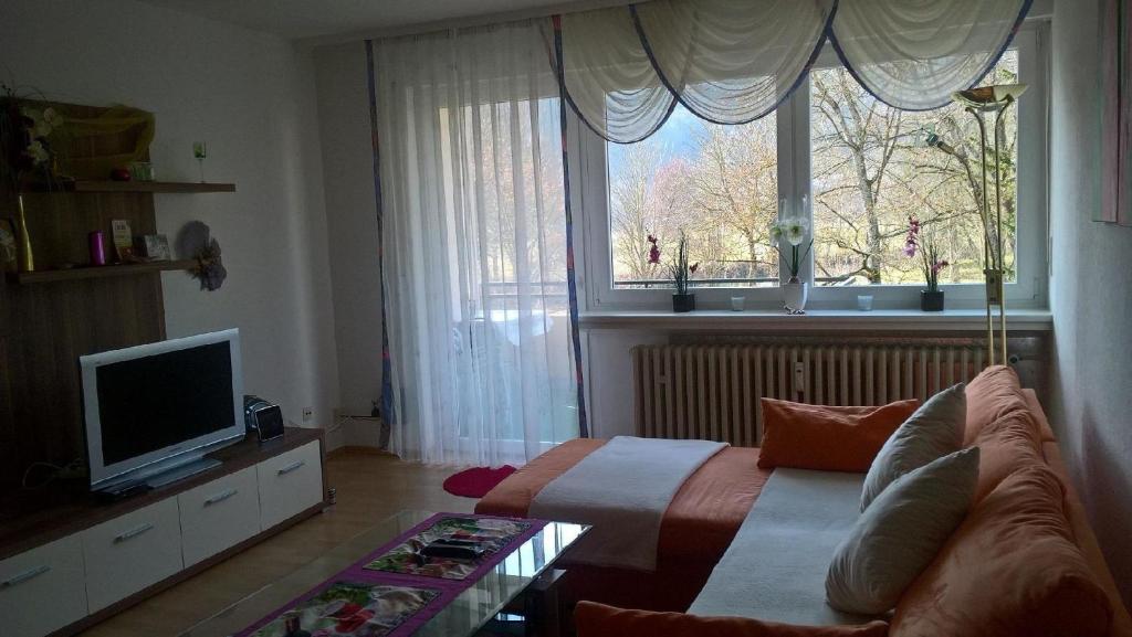 sala de estar con sofá y ventana grande en Wohnung in Bad Kissingen, en Bad Kissingen