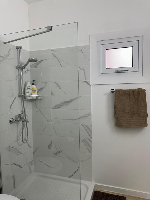 een badkamer met een douche en een glazen deur bij Fantastic Apartment 163 in Finikoudes in Larnaka