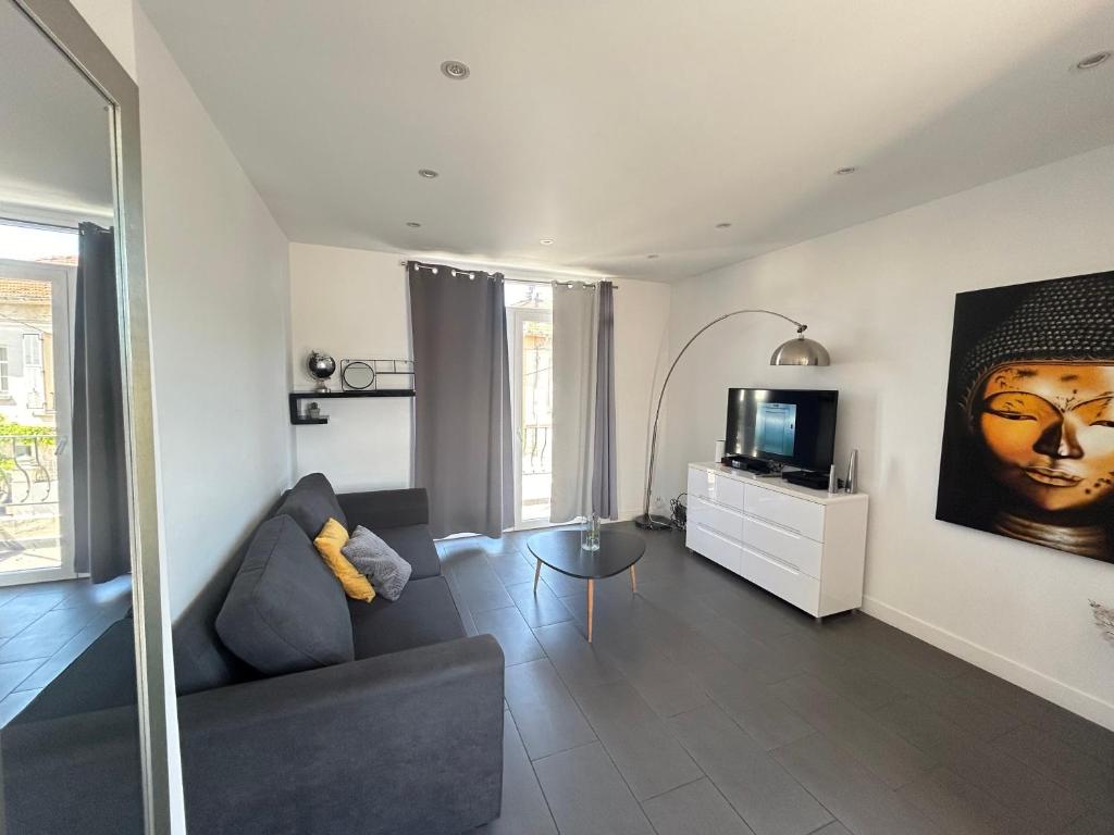 un salon avec un canapé et une télévision dans l'établissement L'ensoleillée Appartement Maison privé Cannes, à Cannes