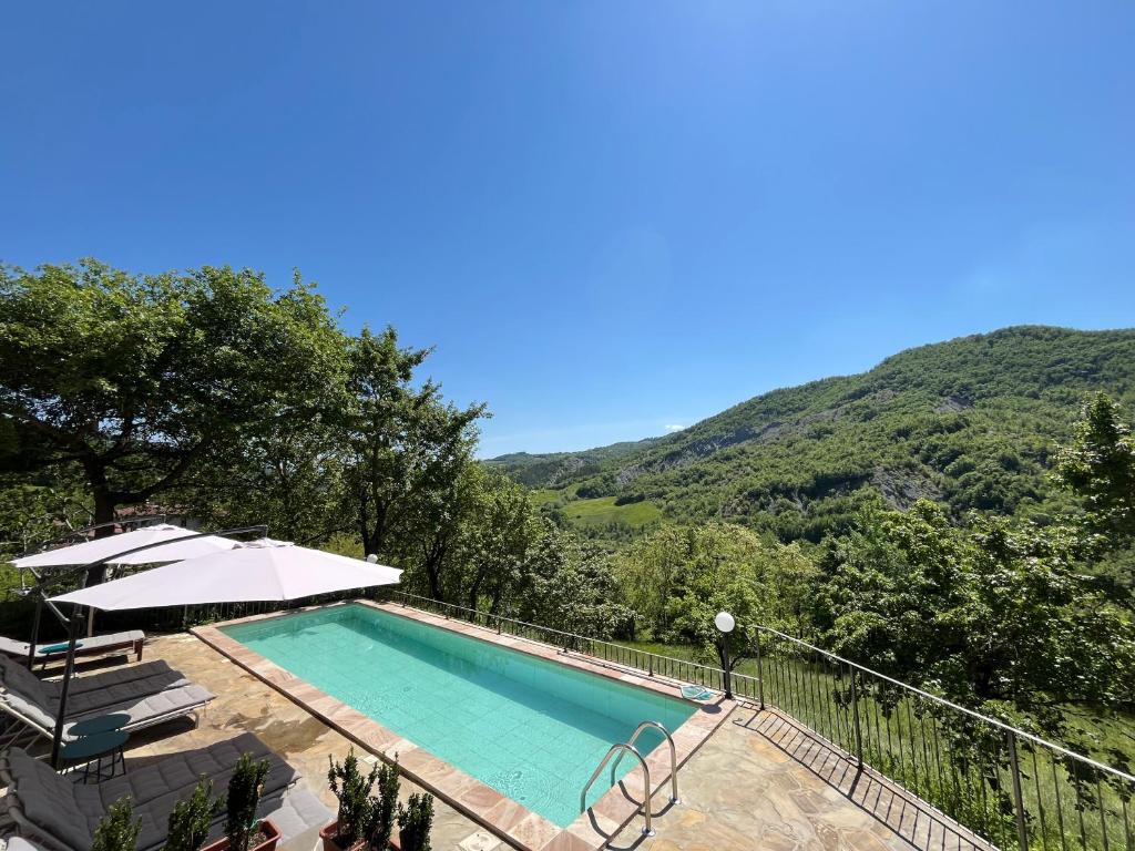 a swimming pool with an umbrella and mountains in the background at Villa delle Fonti - Villa with pool in Toano