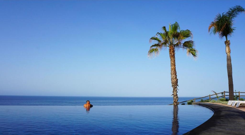 a man swimming in a pool next to two palm trees at Southern Skies Apartment in Funchal