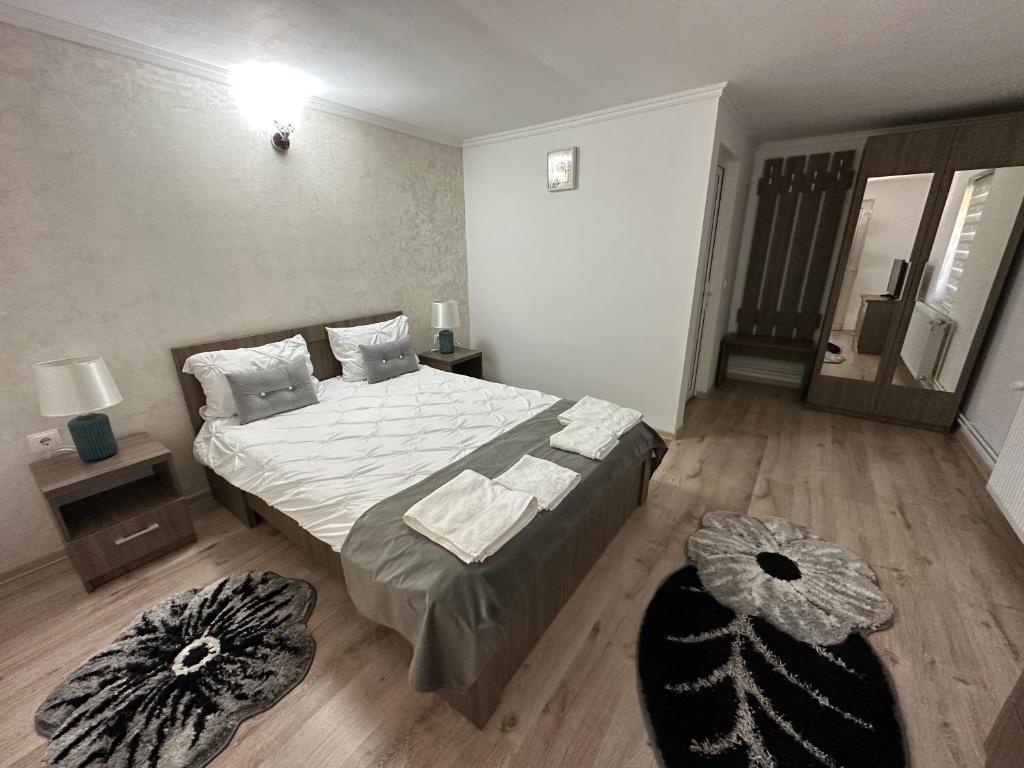 1 dormitorio con 1 cama grande y suelo de madera en Casa Antonia en Chişcău