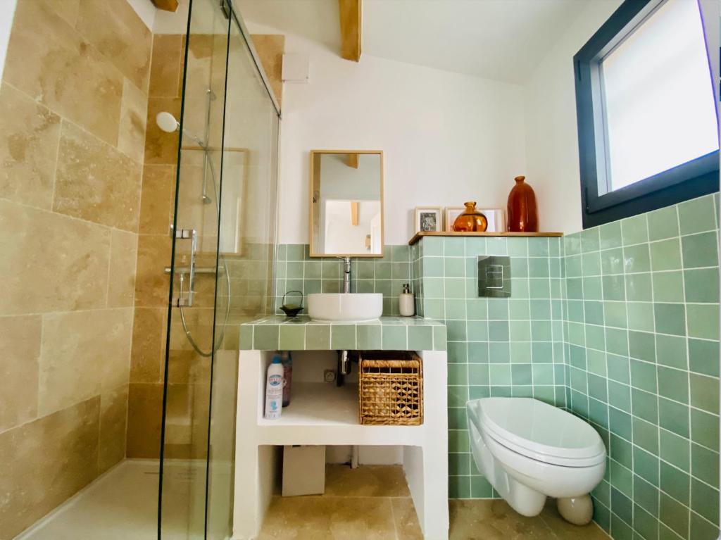 ein Bad mit einem WC, einem Waschbecken und einer Dusche in der Unterkunft Chambre l&#39;Aqueduc in Castries