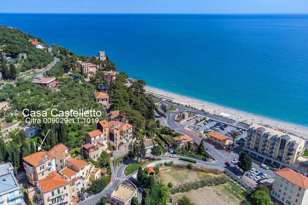 an aerial view of a town next to the ocean at Casa Castelletto in Finale Ligure