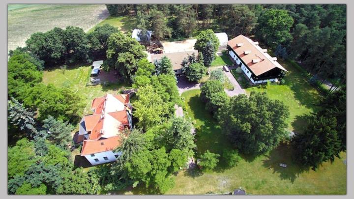 an aerial view of a house with trees at Ferienwohnungen auf dem Landgut Elshof 