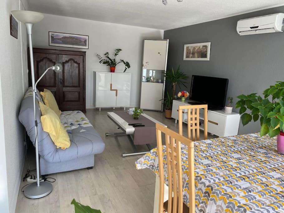 - un salon avec un lit et un bureau avec un canapé dans l'établissement T3 centre ville à 8 min à pied avec place parking, à Perpignan