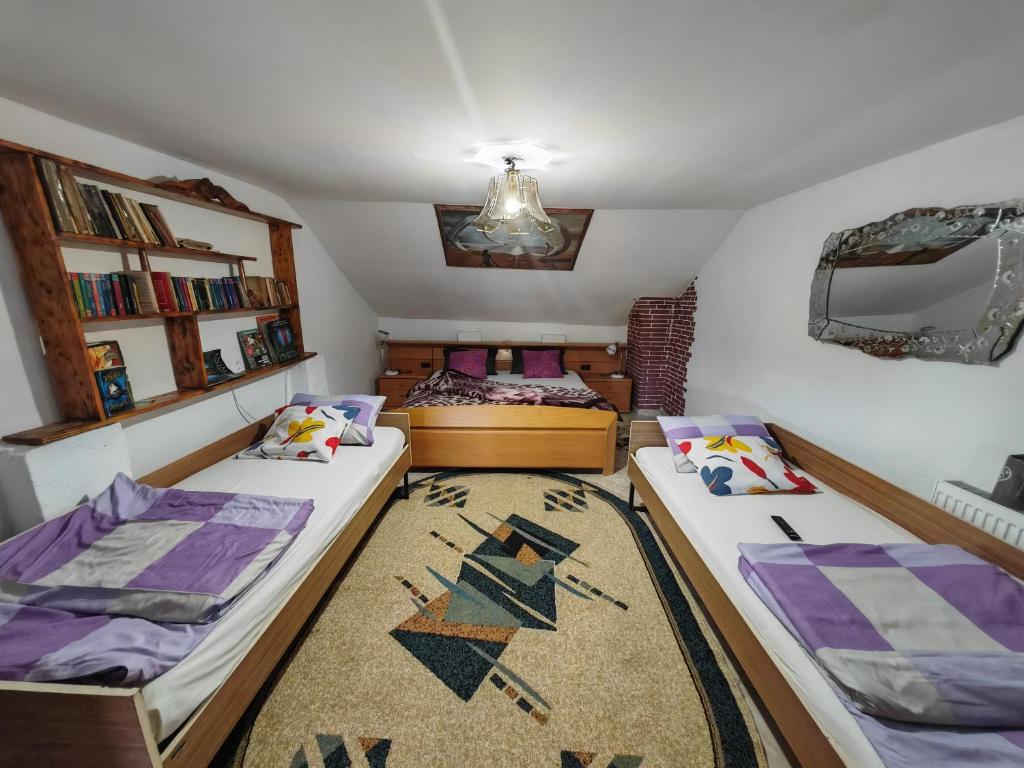 a room with two beds and a mirror at La Popica in Tîrnăveni