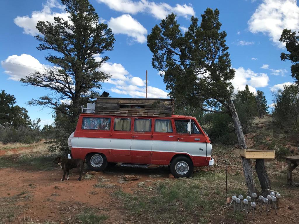 Verdure的住宿－Indian Canyon Ranch，一辆红色和白色的货车停在一个有山羊的田野里