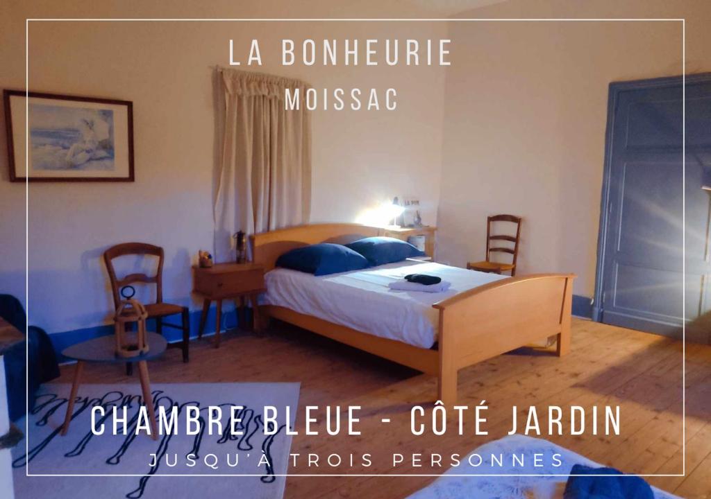 a bedroom with a bed with blue pillows at La Bonheurie - Chambres d'hôtes in Moissac
