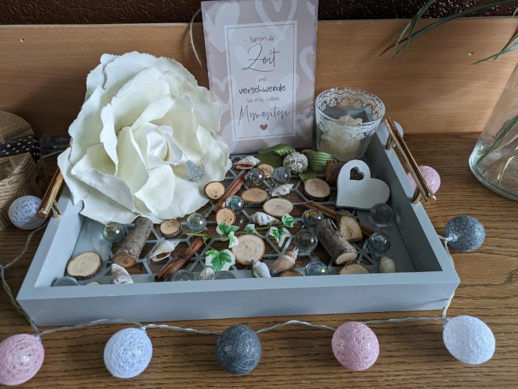 a box filled with stones and a white rose at Vintage-Zimmer mit Balkon in Felsberg