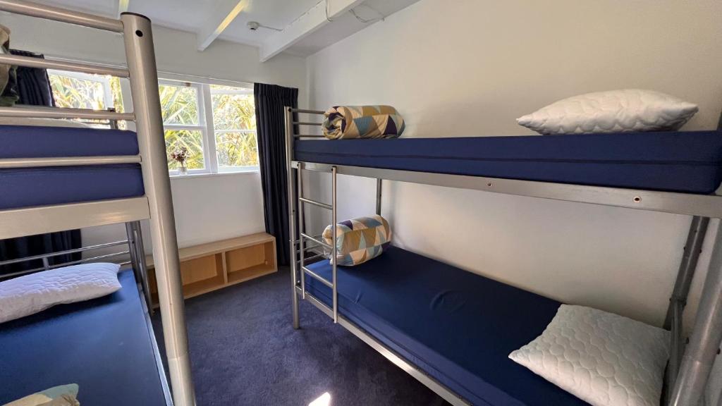 Pokój z 3 łóżkami piętrowymi i oknem w obiekcie Hekerua Lodge Backpackers Hostel Waiheke Island w mieście Oneroa