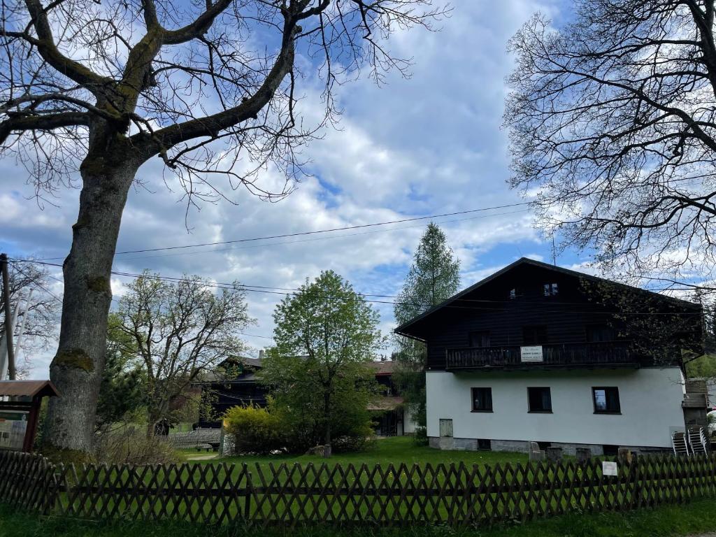 ein schwarzweißes Haus mit einem Baum und einem Zaun in der Unterkunft Villa Maruška Kladská in Marienbad