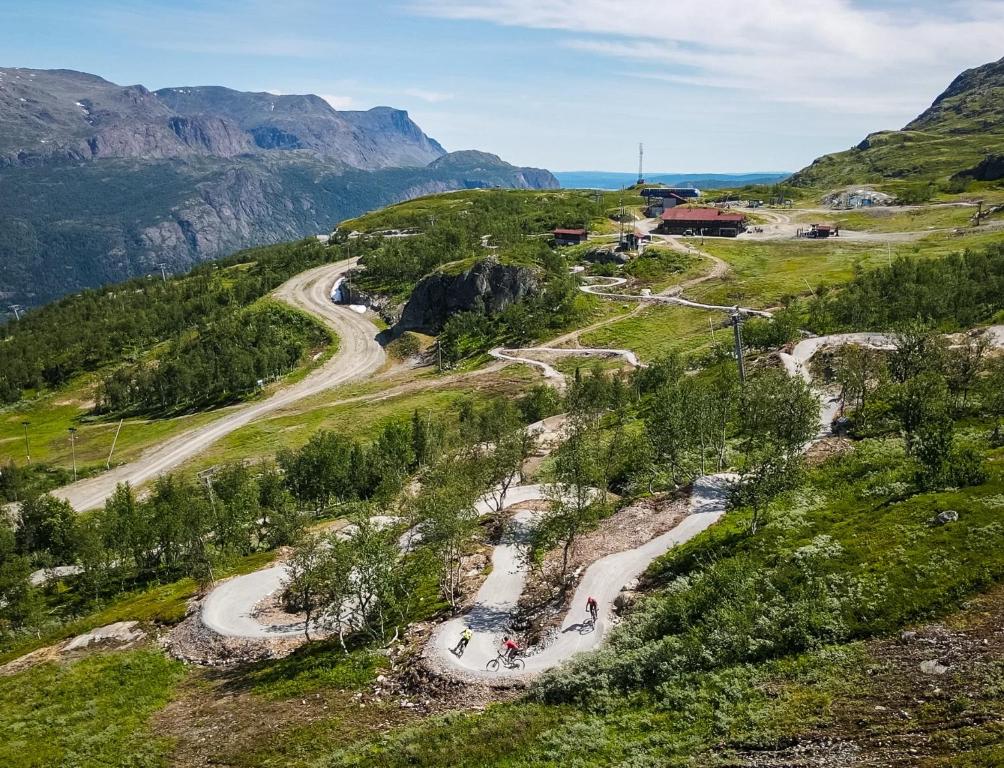 een kronkelende weg op een berg met bergen op de achtergrond bij Tommen’s Crib in Hemsedal