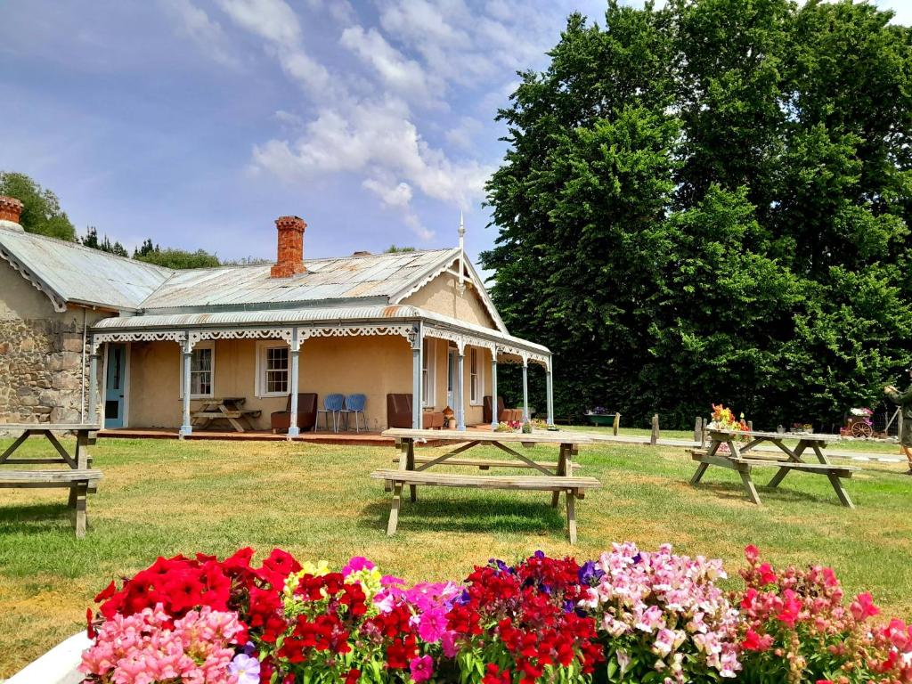a house with benches and flowers in front of it at Peter's Farm Lodge in Waipiata