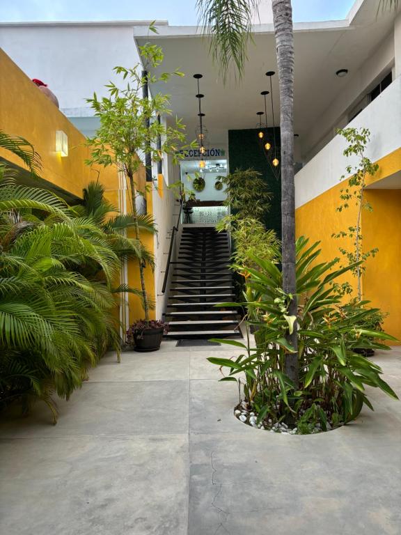 une église avec des escaliers et des plantes dans un bâtiment dans l'établissement Ixaya, à Puerto Vallarta