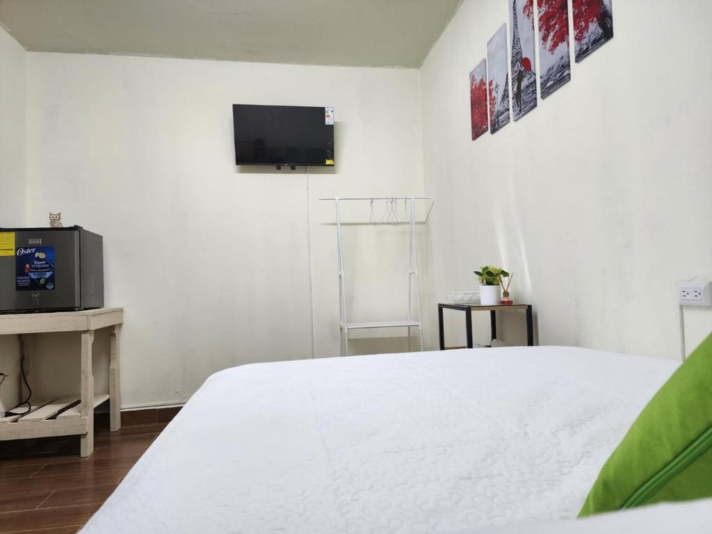 a white bedroom with a bed and a tv at GYWEL 1214 in San Salvador