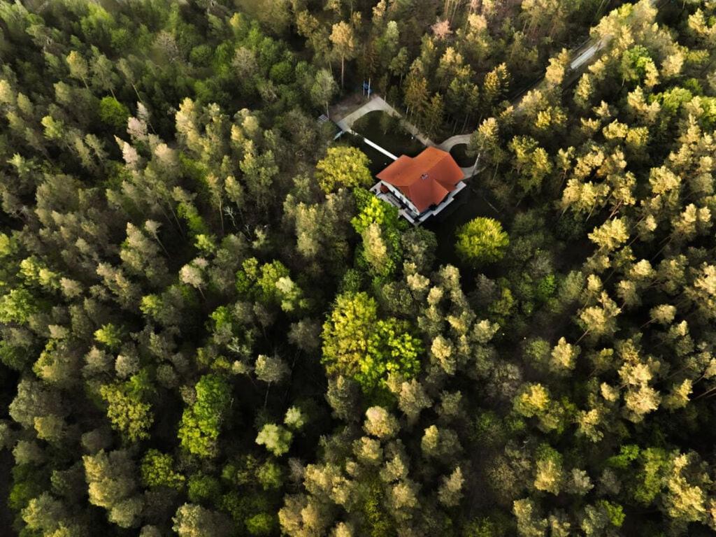 an aerial view of a house in the middle of a forest at Villa Sommerfeld 