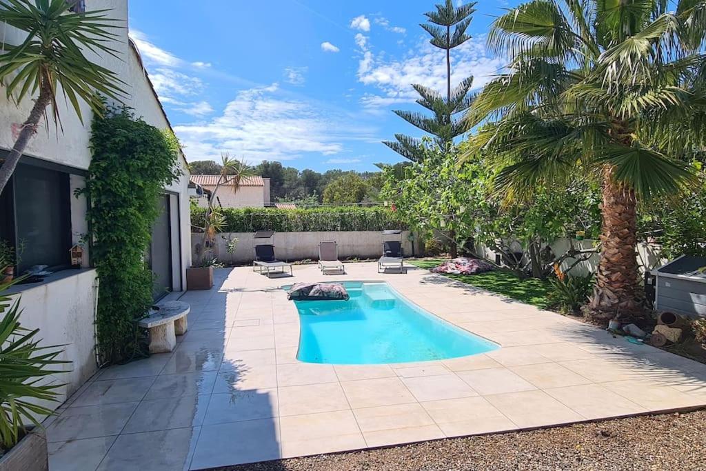 une petite piscine dans une arrière-cour avec des palmiers dans l'établissement Villa au calme avec piscine, 600 m de la mer, à Saint-Raphaël