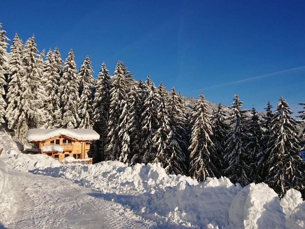 a log cabin in the snow next to a forest of trees at Romantic Chalet Waldschlössl in Hippach