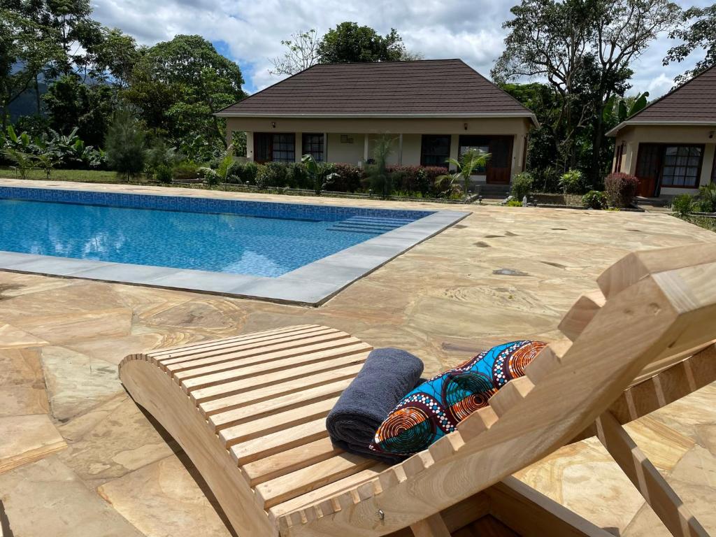 阿魯沙的住宿－Tanzania Safari Lodge，儿童躺在游泳池旁的椅子上