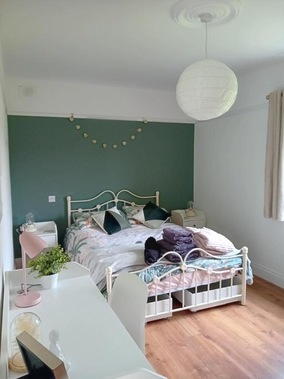 a bedroom with a bed and a green wall at Galway Riverside Retreat in Galway