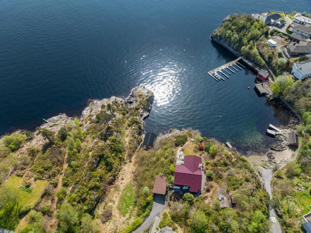 an aerial view of a house on an island in the water at Villa Ocean View in Askøy