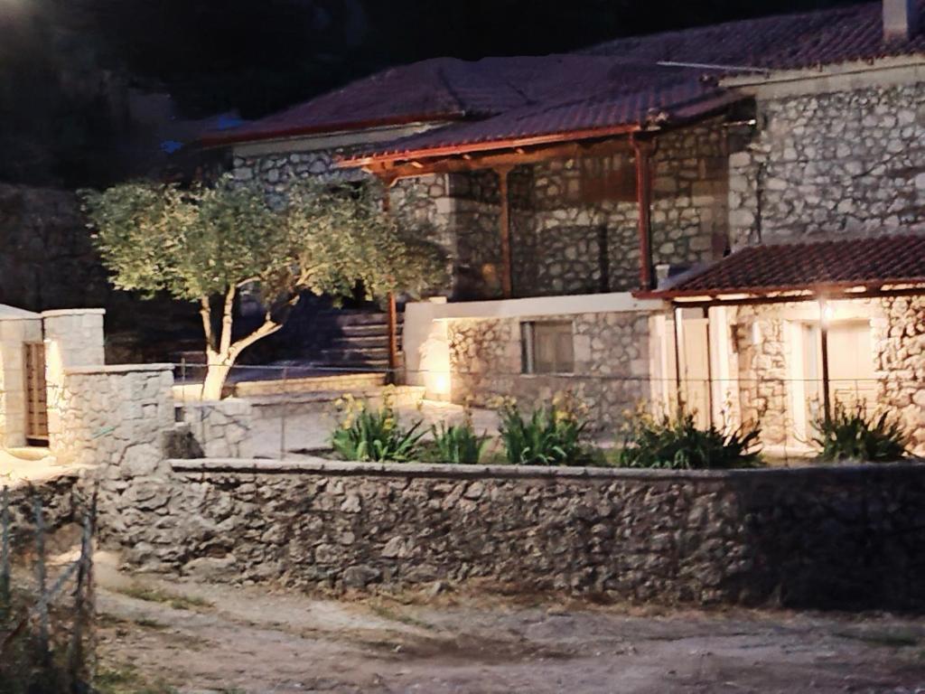 Lílaia的住宿－Lilea Elia & Petra，前面有石墙的房子