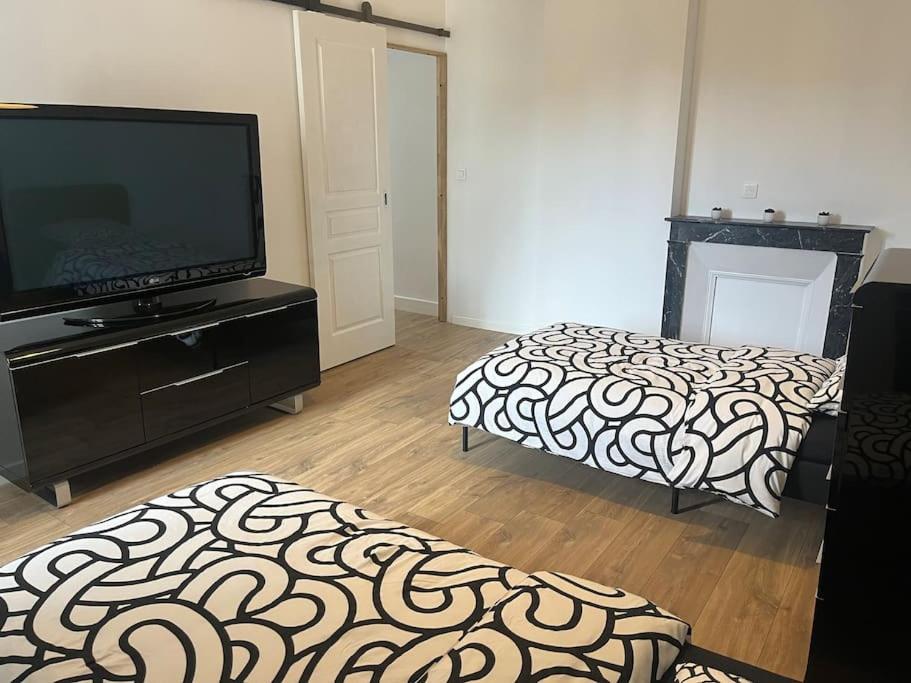 a living room with two beds and a flat screen tv at La p tite maison in Gien