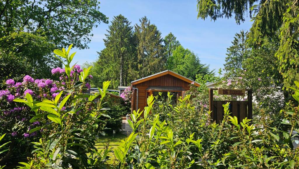 een tuin met bloemen en een kleine schuur bij De Bosuil in Putten