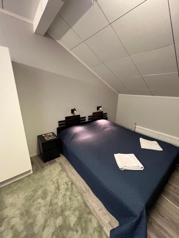 een kamer met een blauw bed in een kamer bij Majoitus Ilomantsissa in Ilomantsi