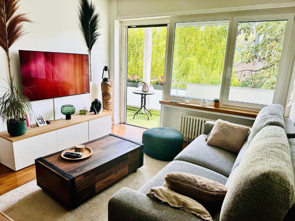 un salon avec un canapé et une table basse dans l'établissement La Perle Cozy, proche du lac, tout confort et équipé, à Annecy