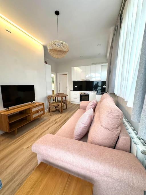 sala de estar con sofá rosa y TV en Main Beach - Lavalle Apartamentos, en Loredo