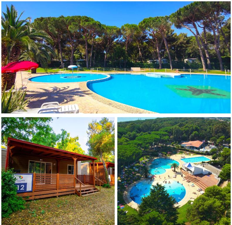 eine Collage mit drei Bildern eines Schwimmbads in der Unterkunft SMALL CAMP Baia Domizia KR VIP Full Service in Baia Domizia