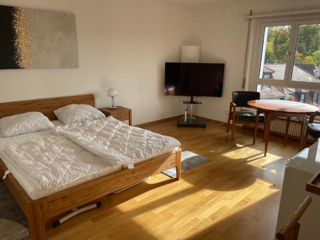a bedroom with a bed and a tv and a table at Cozy, sunny, city center 1 bedroom flat (Marble 3) in Zurich