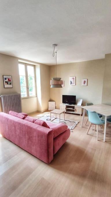 a living room with a pink couch and a table at Appartement T2 hyper centre in Brive-la-Gaillarde
