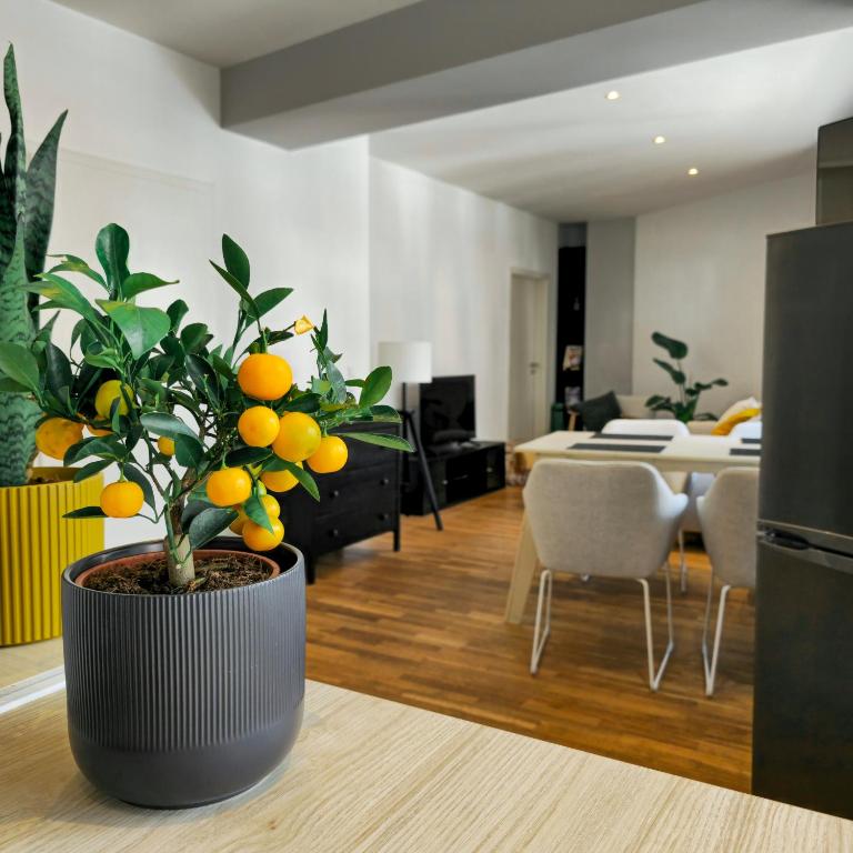 a living room with a plant with oranges on it at NORA One in Traben-Trarbach
