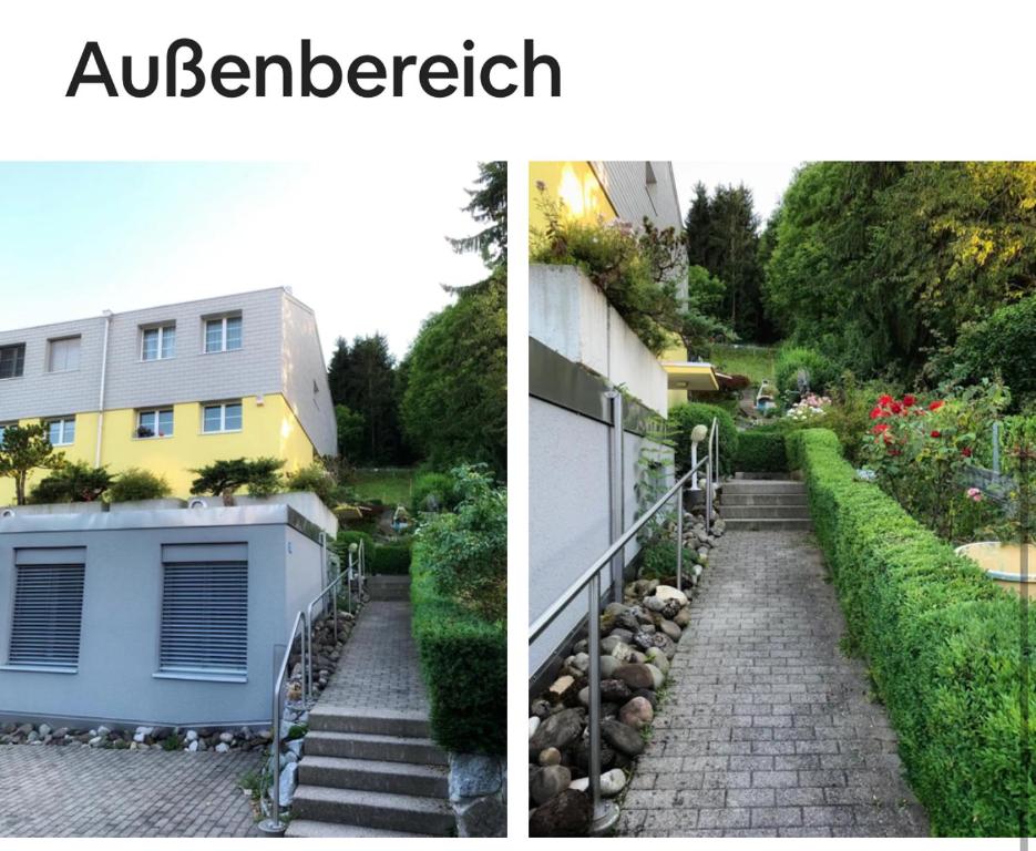 two pictures of a garden and a building at 25m2 Studio with Kitchen in Zürich in Zürich
