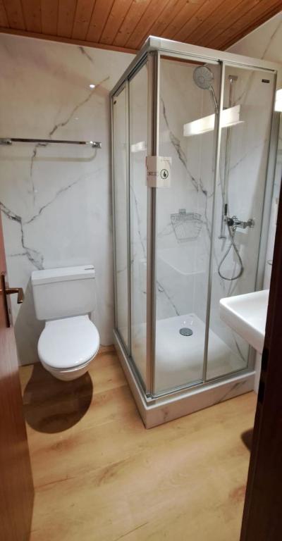 a bathroom with a shower and a toilet and a sink at Hotel Fassbind Beausite in Beatenberg