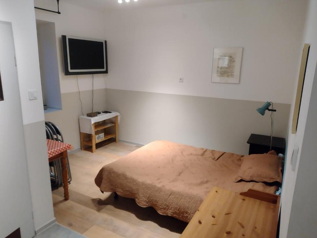 a bedroom with a bed and a flat screen tv at sudety hut 3 in Podgórzyn