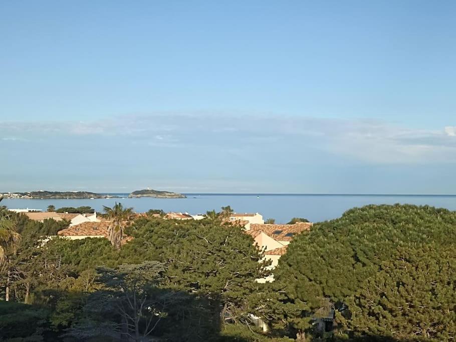 une maison sur une colline avec des arbres et l'océan dans l'établissement duplex avec vue mer et coucher de soleil radieux, à Six-Fours-les-Plages
