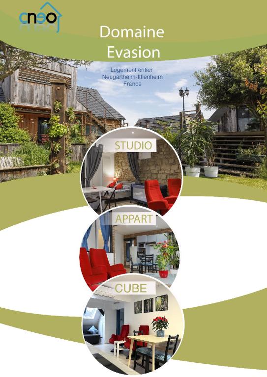 un collage de quatre photos d'une maison dans l'établissement Domaine Evasion, à Neugartheim-Ittlenheim