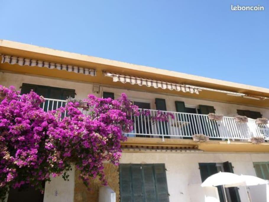 un bâtiment avec des fleurs violettes suspendues à un balcon dans l'établissement Appart 2 p presqu'ile de Giens plage Bergerie, à Hyères