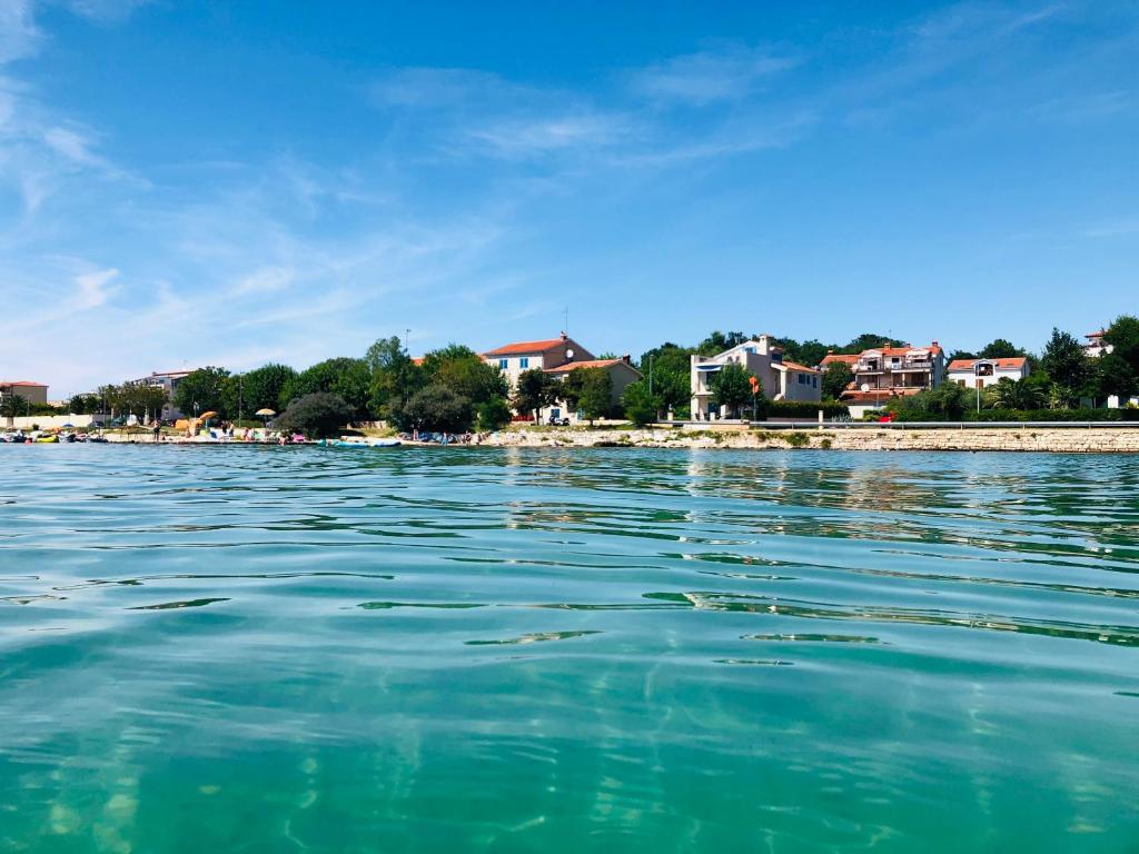 a large body of water with houses in the background at Villa Moletto Apartments with Sea view in Lovrečica