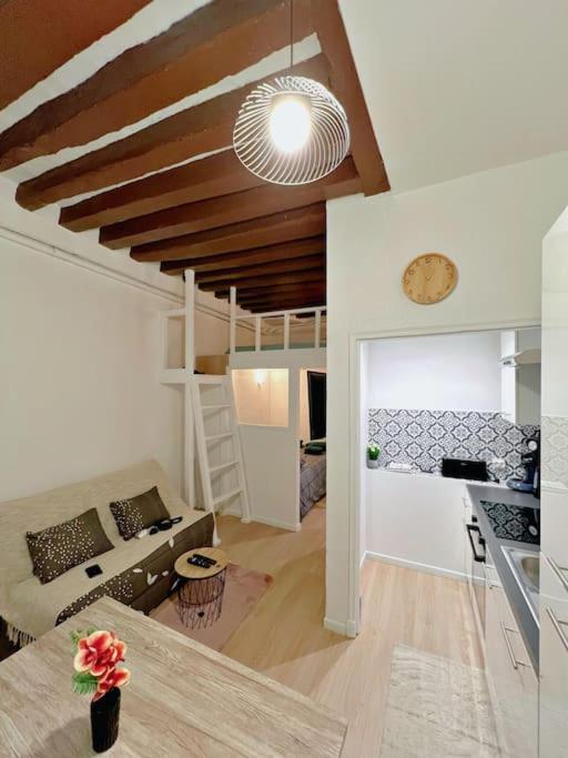 un salon avec un canapé et une chambre avec une mezzanine dans l'établissement Appartement au centre de Paris, à Paris
