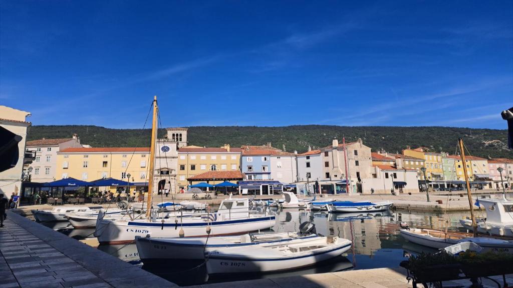 un gruppo di barche sono ormeggiate in un porto di Rooms Mario a Cres