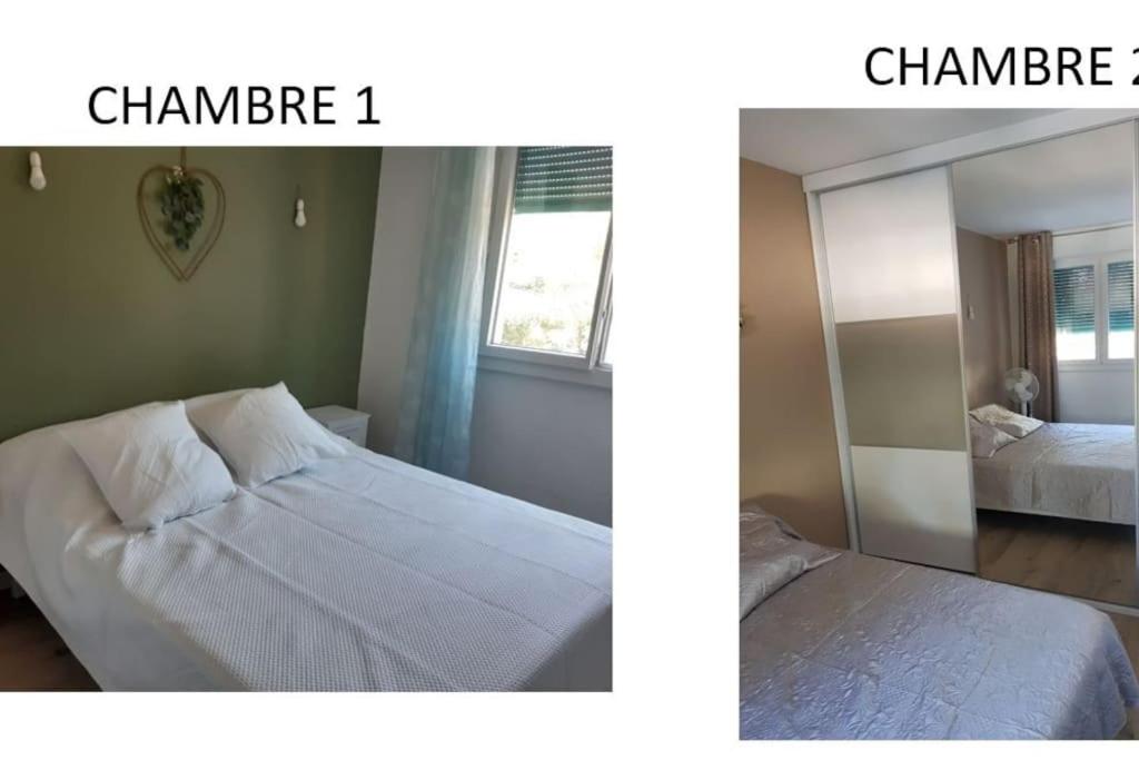 - deux photos d'une chambre avec un miroir et un lit dans l'établissement Appartement T3BIS - 74M2, à Marseille