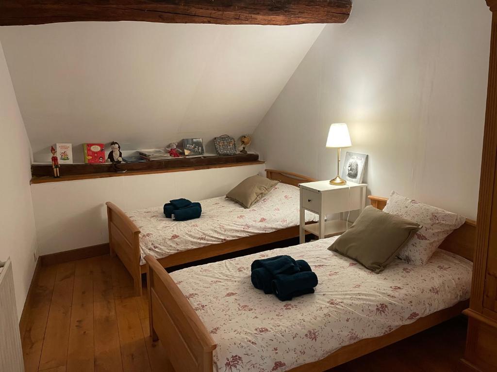 a bedroom with two beds and a table with a lamp at Ô Bonheurs Simples d'Ecorsaint Ici Doucement in Hauteroche