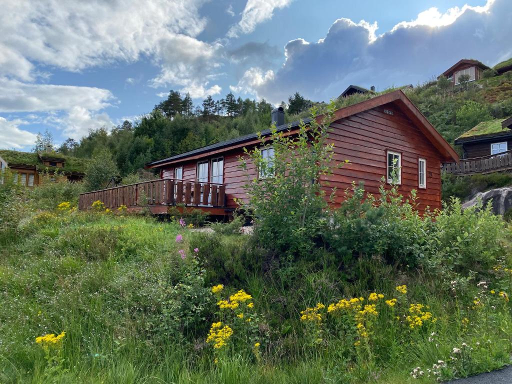 uma pequena casa de madeira num campo de flores em Hygge på fjellet em Øyuvstad