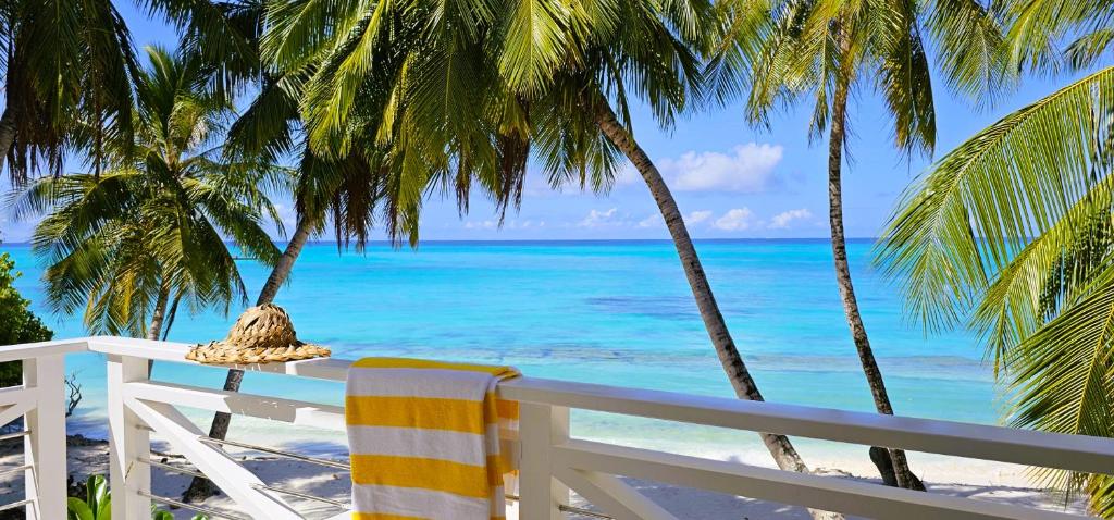 a white chair sitting on a beach with palm trees at The Fulhadhoo Beach Cottage in Fulhadhoo