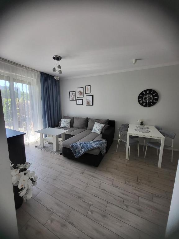 a living room with a couch and a table at Apartamenty Olimpijska in Gorzów Wielkopolski